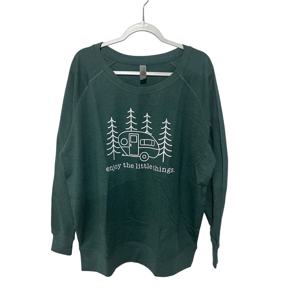 Novelty Instant Message Wmns 1X Plus 'Enjoy' Camping Graphic Sweatshirt Green